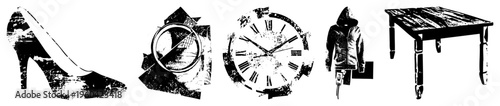 Stylized featuring high heel, analog clock,, wooden table all rendered with grunge texture and fragmented edges. Urban, minimalist, graphic design elements.