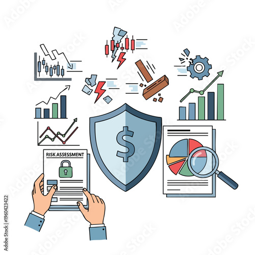 Financial shield with charts, risk assessment, and pie chart analysis