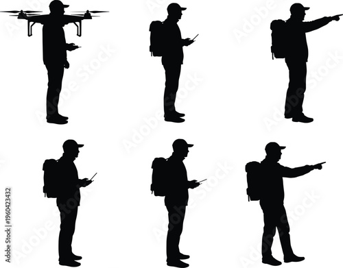 Drone operator silhouettes, remote control, drone flight, backpack figure, pointing gesture, technology use, aviation theme, pilot stance, gadget, posture, behavior