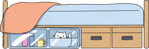 A cozy hand-drawn style bed with pink blanket, featuring a curious cat peeking from a storage compartment on a transparent background