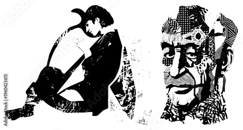 Two vector art figures seated woman reading book with halftone texture, abstract face with geometric. Artistic graphic design, illustration, isolated cutout.