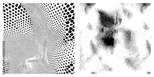 Black and white halftone dot art creating visual depth, optical illusion, geometric distortion, graphic design element, vector, minimalist abstraction, visual trickery.