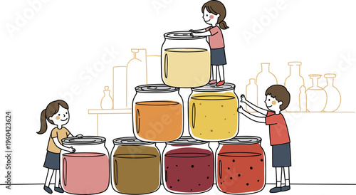 Children stacking colorful jars in a playful indoor setting, illustrated in hand-drawn style, on a transparent background with soft lighting and cheerful expressions.