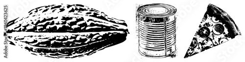 Stylized food items cacao pod, tin can, pizza slice, halftone texture, isolated graphic elements, culinary, vector art.