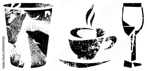 Graphic set of drink containers rendered in halftone style, including coffee cup with, wine glass, and tumbler, ideal for café branding or menu design.