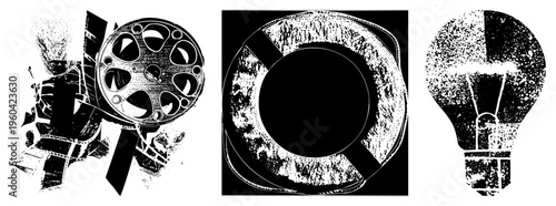 Classic cinema film reel, life preserver ring, incandescent bulb rendered in halftone, vector art, isolated, stylized retro symbols.