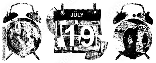 Retro style alarm clocks with bells and calendar showing July 19, distressed halftone texture, timepiece collection, analog clock design.