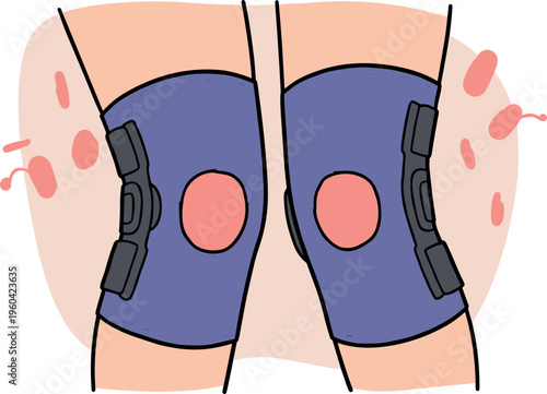 Illustration of knees with purple braces on a human figure, showing injuries and bandages, designed in a hand drawn style, on a transparent background.