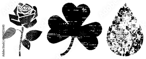 Vector illustrations of rose, clover, and droplet with halftone textures, graphic design elements, art, isolated symbols.