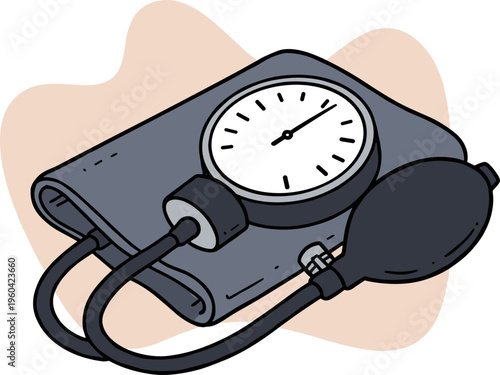 Hand drawn blood pressure monitor on a soft beige background with pressure cuff and bulb for medical use, illustrating healthcare and wellness in a simple style.