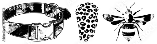 Graphic set featuring dog collar with buckle, leopard print hat, and stylized bee, all rendered in distressed black and white vector art. Ideal for fashion, pet, or nature themes.