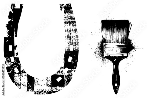 Graphic vector illustration of horseshoe and paintbrush with halftone texture, stencil art style, black and white, artistic tools, isolated symbols.