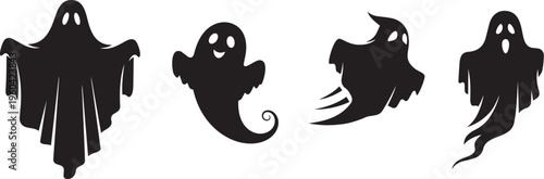 Black silhouette ghost vector art with spooky shapes, eerie dark design for Halloween decorations
