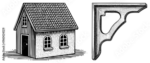 Hand drawn cottage with tiled roof and windows, paired with ornate wooden corbel bracket, classic architectural elements, rustic vector illustration.