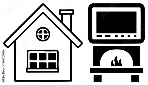 Stylized house with window and chimney, pizza oven with flame, minimalist kitchen, cooking appliance, home baking symbol, vector illustration.