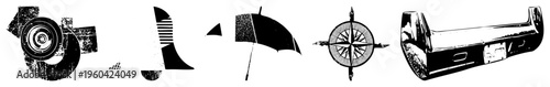 Vector graphic set of abstract shapes umbrella, compass, car bumper, turbine, and. Halftone texture, black and white, minimalist design, isolated elements for UI or branding.