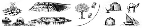 Arid landscape with cracked earth, cactus, skull, tree, bacteria, yurt,, dhow, and camel isolated desert set.