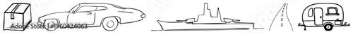 Minimalist shipping box, vintage car, sailboat, winding road, camper trailer. Clean vector sketches for UI or infographics.