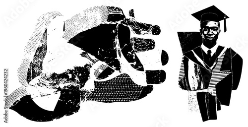 Black and white halftone illustration of handshake between two figures, one in graduation gown, symbolizing academic success and professional partnership.