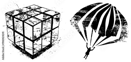 Isolated 3D ’s Cube & parachutist silhouette, distressed textures, stark black and white, ideal for design or symbolic graphics.
