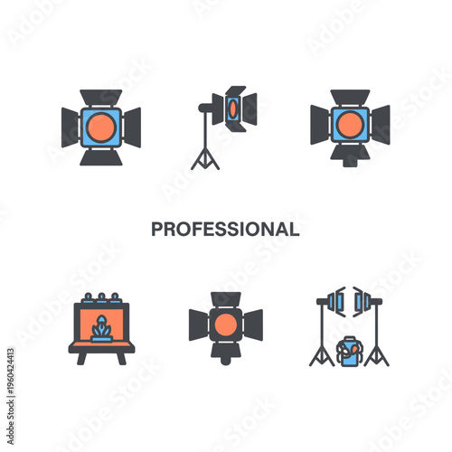 Set of professional studio lighting equipment icons, including spotlights and softboxes, for photography and videography