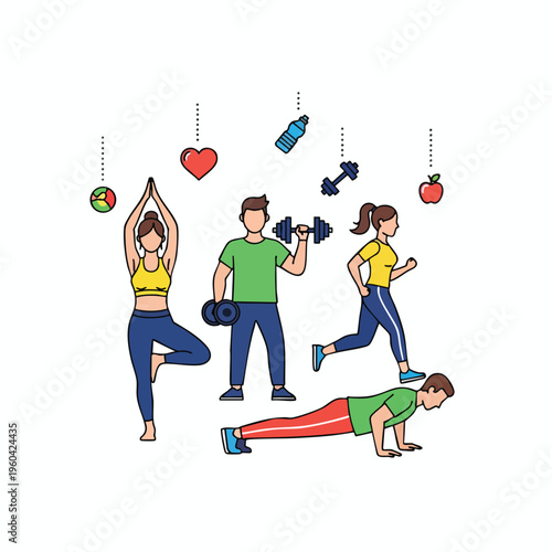 Diverse people engaging in various exercises, symbolizing fitness, health, and activity