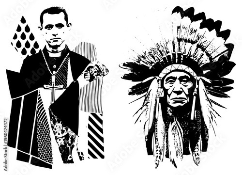 Religious clergyman holding with water droplets, Native American chief in headdress, stark, symbolic contrast, cultural representation.