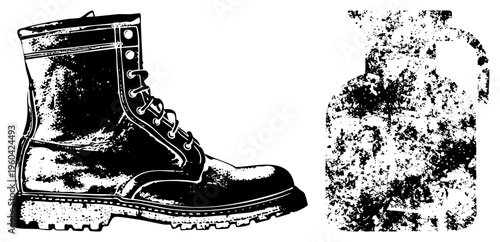Combat boot with laces and rivets, rugged sole, paired with distressed gas canister, halftone texture, vector, isolated foreground elements.