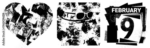 Graphic of shattered heart, retro sunglasses, and calendar date February 19, all in distressed black and white vector style. Perfect for vintage or grunge themed designs.