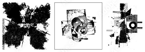 Dynamic black and white abstract design combining halftone dots, bold brushstrokes, and layered geometric shapes, ideal for graphic design or digital art.