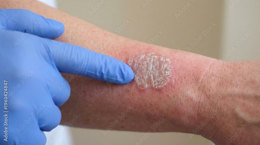 Obraz premium Psoriasis Skin Condition on an Arm with Silvery Scales Examined by a Gloved Hand for Medical Diagnosis