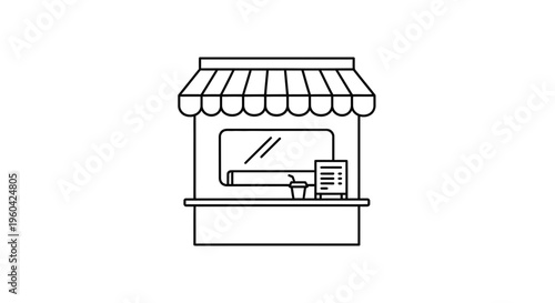 Minimalist Line Art Icon of a Food Stall or Kiosk with Awning and Menu