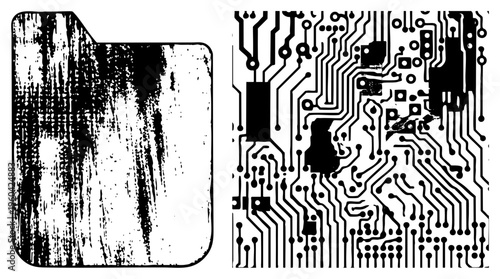 Vector graphic of folder with distressed texture beside intricate circuit board, digital storage meets electronics, tech design, binary data, computer hardware, digital interface.