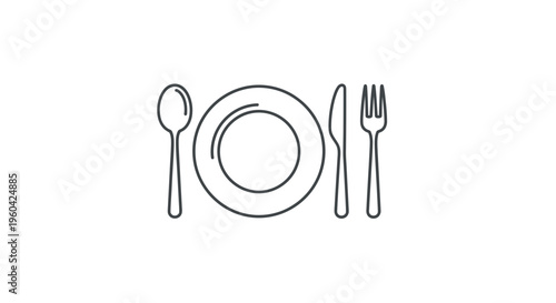 Minimalist Line Art Icon of a Place Setting: Plate, Fork, Knife, and Spoon