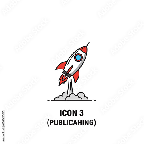 Dynamic cartoon rocket icon launching into the sky, symbolizing new beginnings, ambitious projects, rapid growth, and successful business ventures