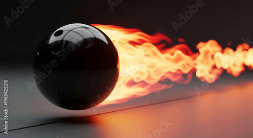 Black bowling ball on fire rolling on a dark surface, motion blur, intense speed