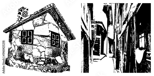 Black and white vector art of rustic stone cottage with roof and windows, alongside snowy alley with textured walls and window reflections.