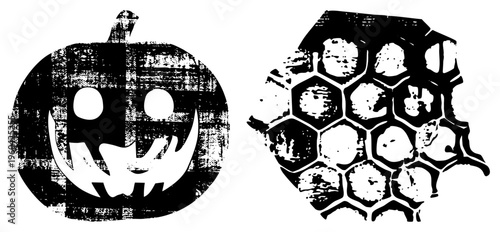 Stylized jack o lantern with plaid texture and toothy grin, alongside distressed hexagonal honeycomb design, both in high contrast.