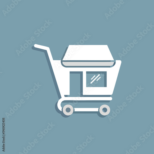 White shopping cart icon with a shadow against a blue background