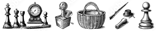 Antique chess set with king and rook, ornate pocket watch, vintage music box, wicker basket, rifle and telescope, all rendered in detailed black and white vector art.