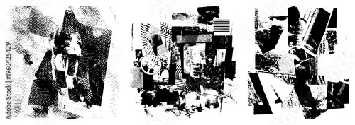 Fragmented graphic composition with bold shapes, halftone textures, and layered, abstract design, vector art, collage.