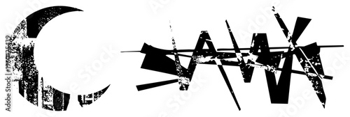 Aggressive stylized "SAW" typography with distressed texture, moon, horror movie branding, black and white vector design, gritty aesthetic.