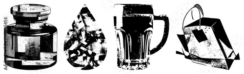 Classic inkwell with lid, stylized water droplet, textured glass mug, tea bag packet halftone vector for design, illustration, or UI elements.