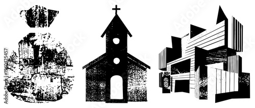 Geometric church, canyon like structure, modernist building stylized vector art, halftone texture, architectural, graphic design elements.