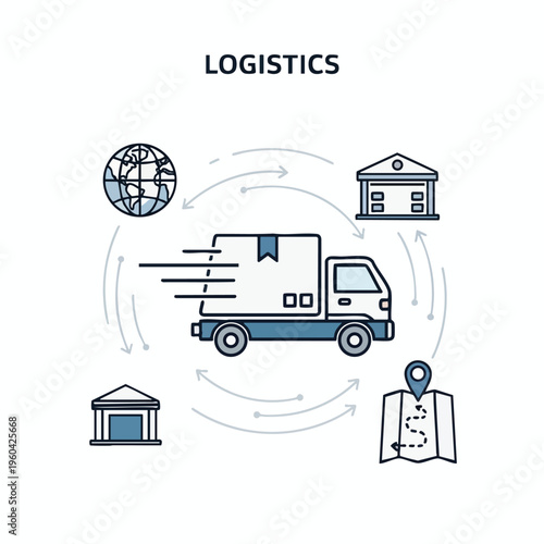 Global delivery truck route with warehouses, map, and globe