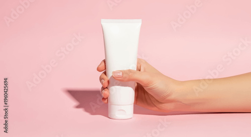 Hand holding white cosmetic cream tube on pink background with shadow