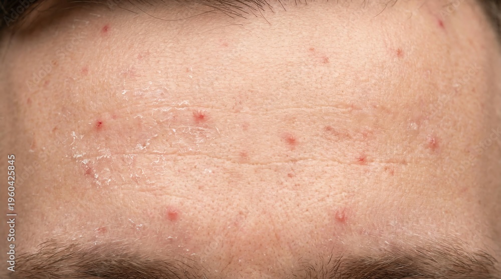 Fototapeta premium Skin Condition on a Young Mans Forehead Showing Acne Pimples and Dry Flaky Patches