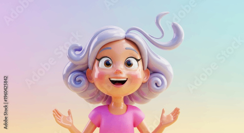 Joyful 3D Cartoon Girl with Curly Hair, Open Arms, Cheerful Expression, Pastel Background