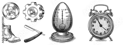 Retro gear, thermometer, alarm clock, boot, razor classic engraved illustrations, industrial design, timeless tools, historical artifacts.