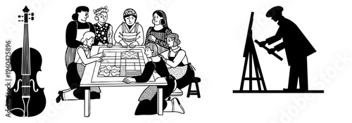 Women gathered around a table quilting fabric, community, handmade textile art, folk craft tradition, patchwork project.